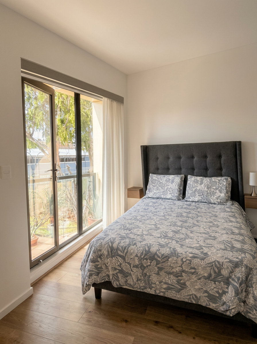 Main bedroom with queen-size bed and balcony view