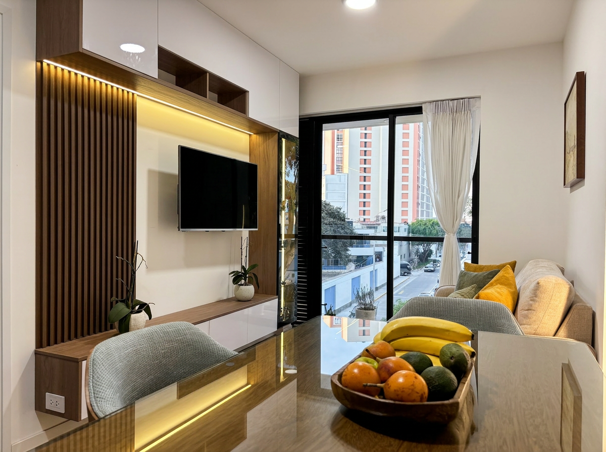 Bright minimalist living room of the furnished apartment in Barranco, Lima