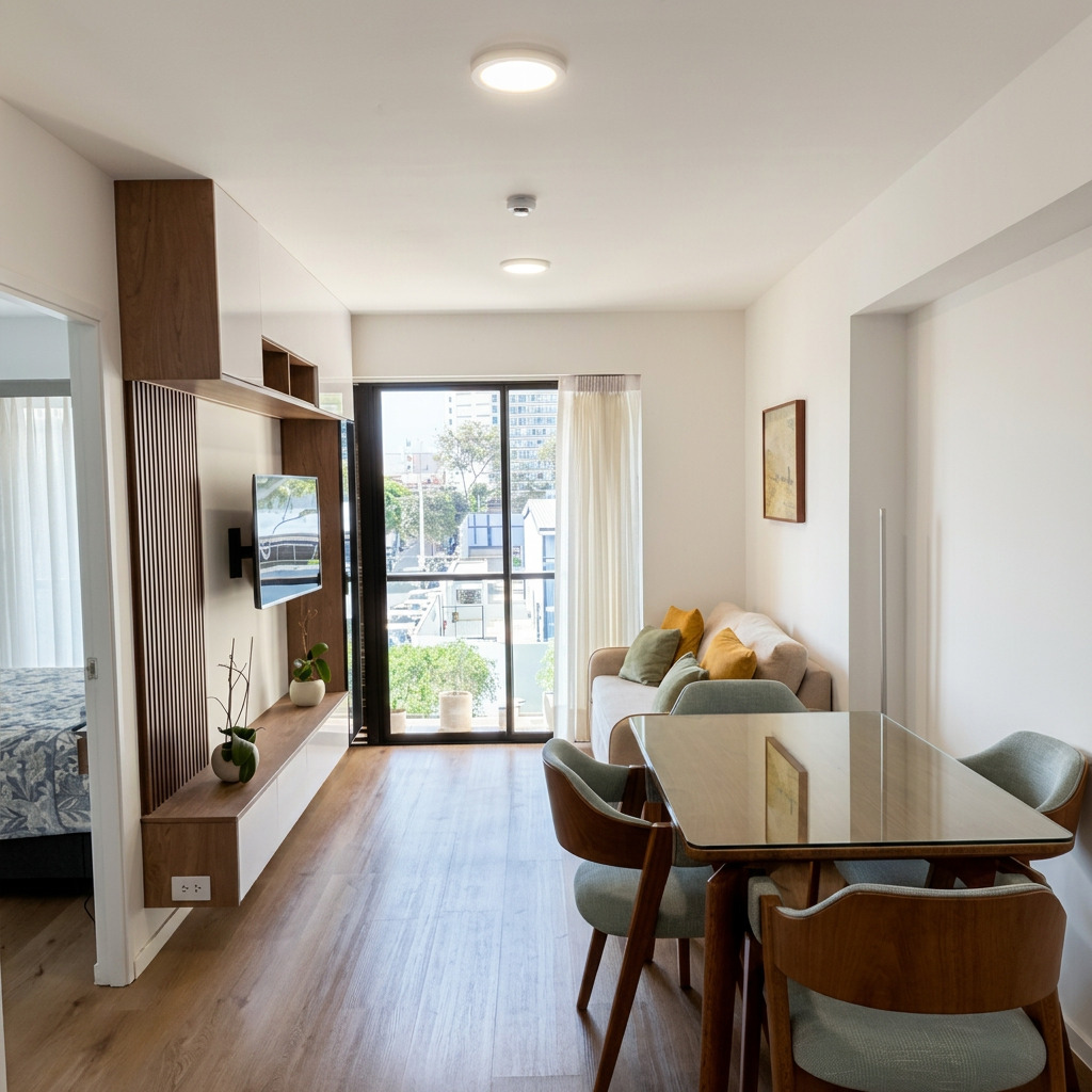 Bright living and dining room with city view